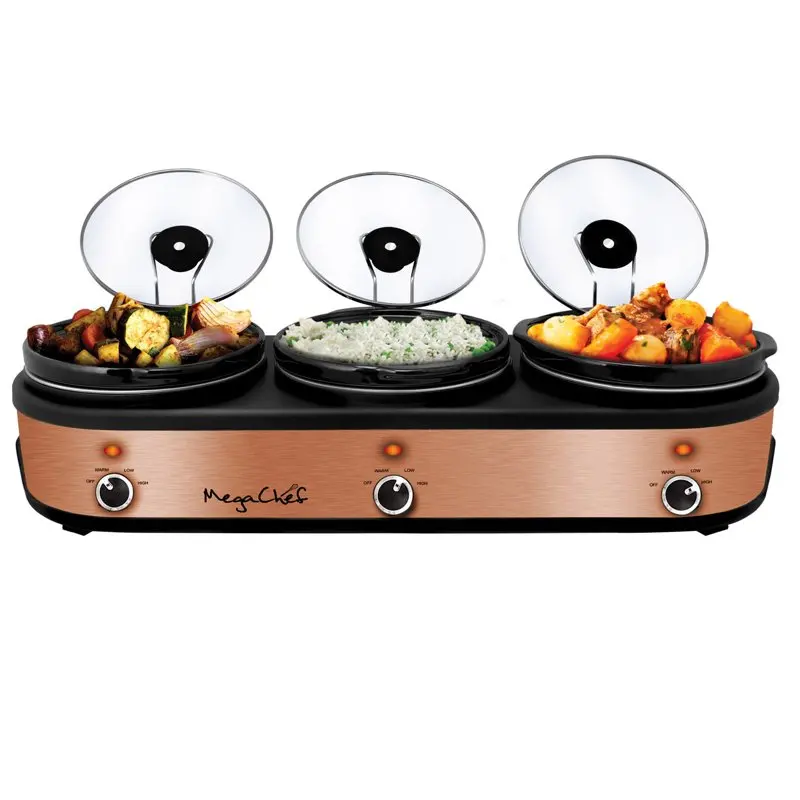 

2.5 Quart Slow Cooker and Buffet Server in Brushed Copper and Black Finish with 3 Ceramic Cooking Pots and Removable Lid Rests