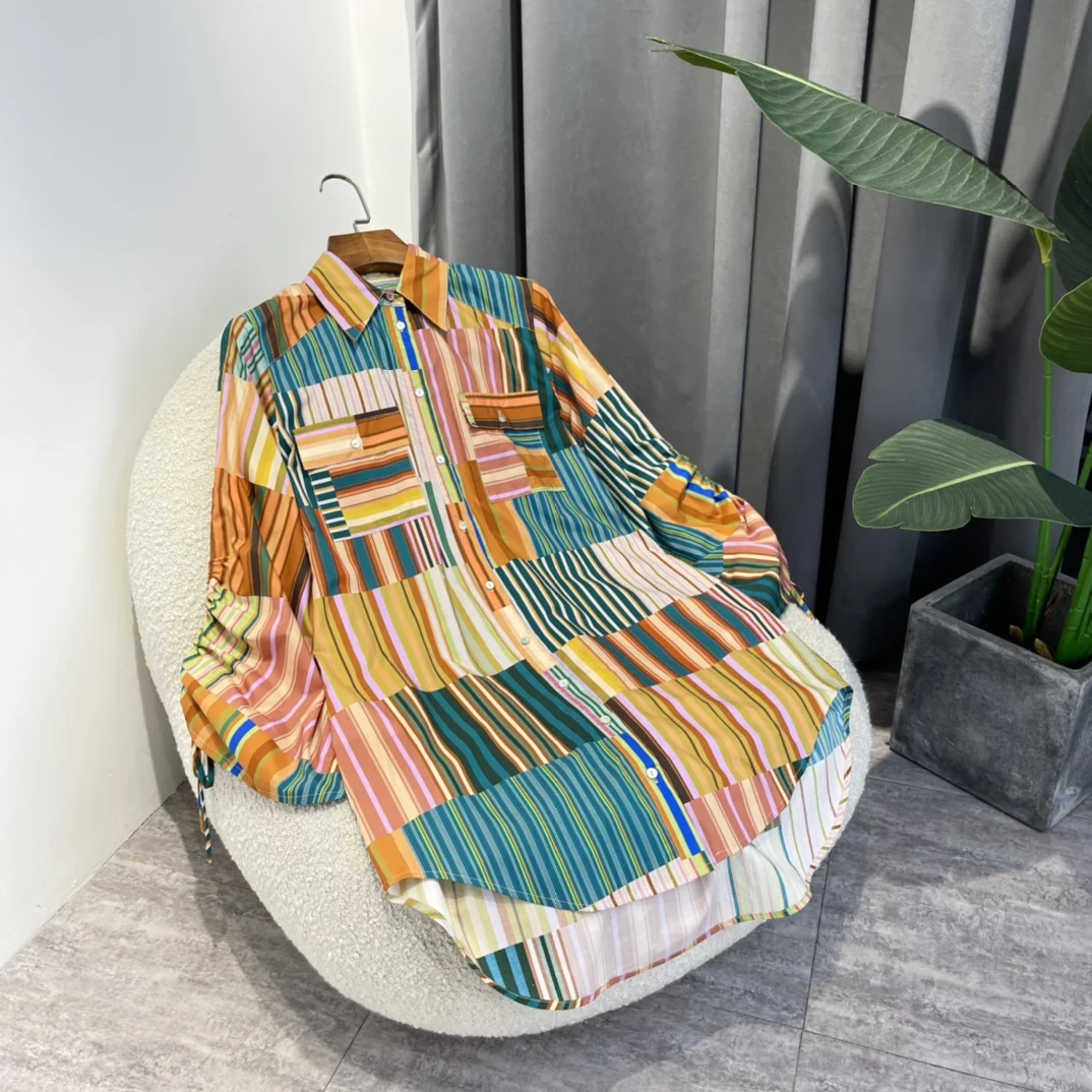

Women Loose Blouses Drawstring Sleeves Multicolor Plaid Stripes Patchwork Asymmetric 2022 Latest Summer Autumn Ladies Tops