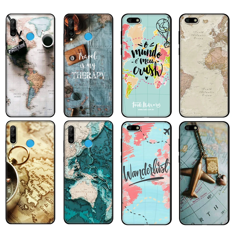 

Черный чехол из ТПУ для Huawei Honor 20 Lite, 10, 10i, 20S, 30S, 30, чехол для Honor 7A 5,45, 7s, 7C 5,7, чехол с картой мира, дорожные планы