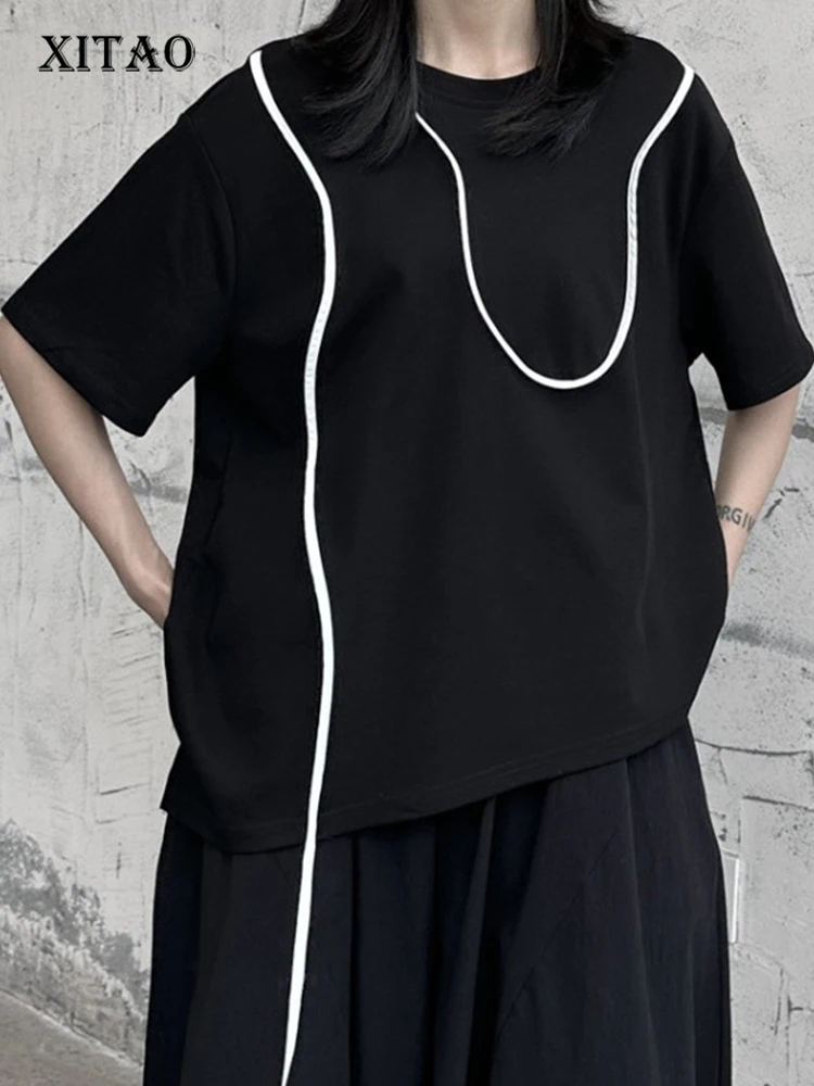 

XITAO Korea Design Women T-Shirts Black White Contrast Color Striped All Match Casual Asymmetrical O-neck Half Sleeve DMJ1115