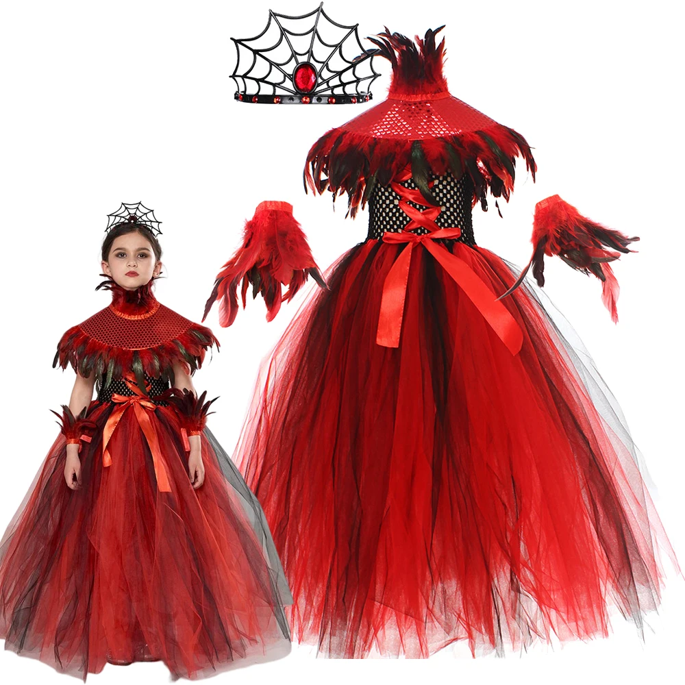

Girls Halloween Disguise Costume Gothic Demon Evil Queen Vampire Carnival Party Cosplay Clothes Spider Witch Tutu Long Dress Set