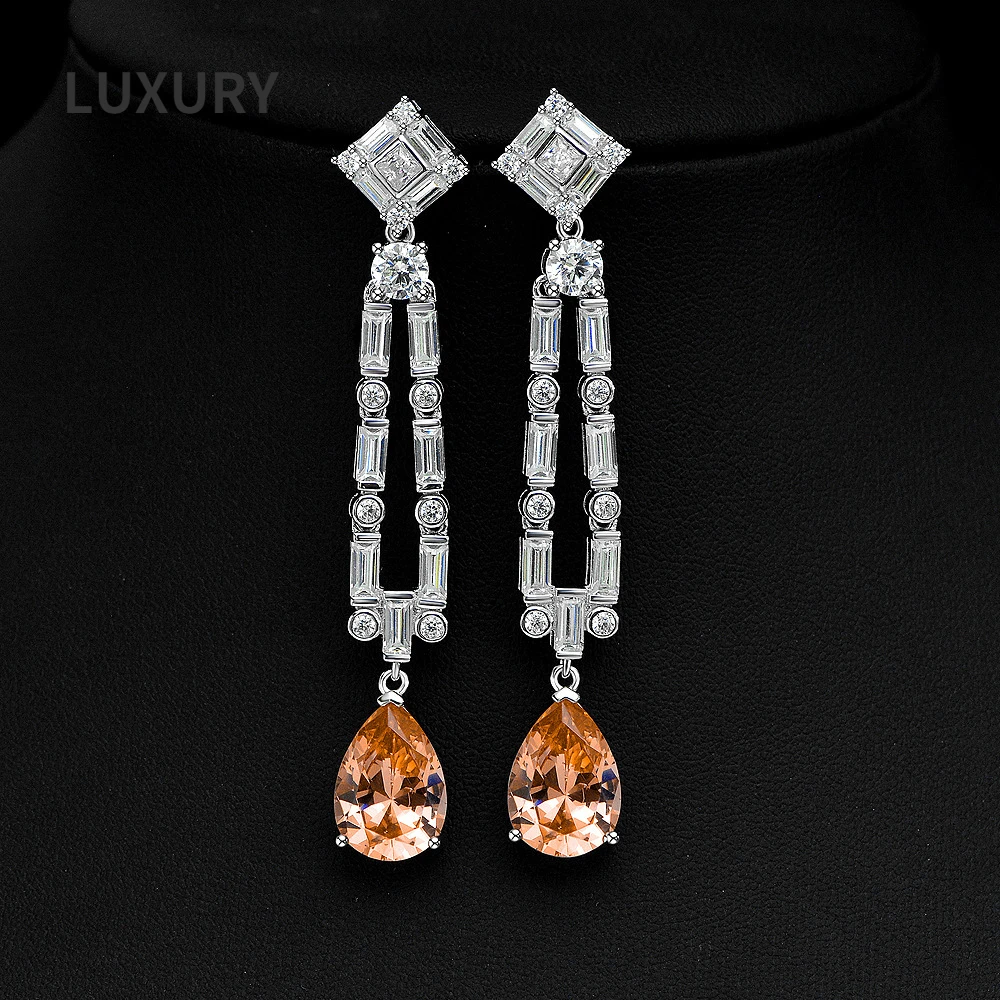 

Luxury 100% S925 Sterling Silver 10*14mm Pink Aquamarine High Carbon Diamond Water Drop Long Earrings For Women Fine Jewelry