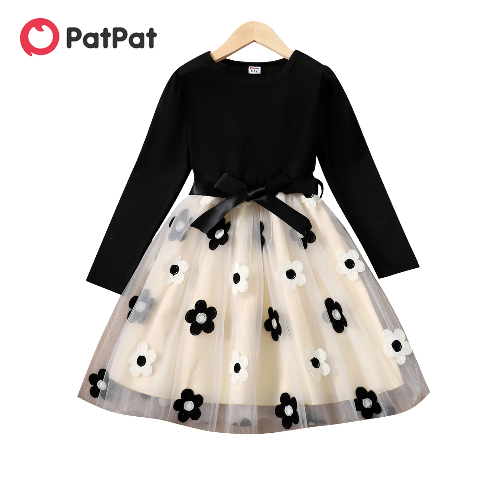 

PatPat Kid Girl Floral Embroidered Mesh Splice Belted Long-sleeve Evening Party Dress