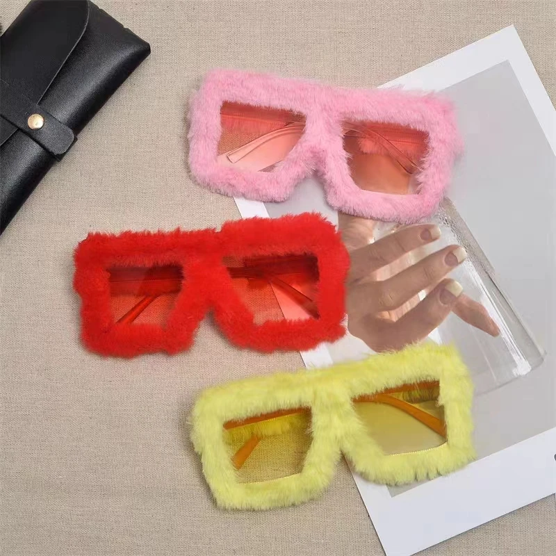 

New Y2K Punk Soft Fur Velvet Sunglasses Women Fashion Rectangular Sun Glasses Ladies Shades Handmade Plush Eyewear