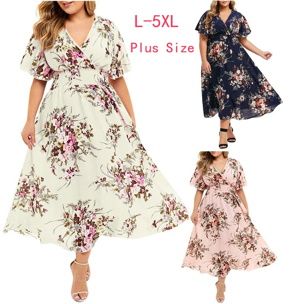 Plus Size Fashion 3xl 4xl 5xl Women Dress Floral Chiffon Flower Dress Bohemian Beach Summer Dresses Urban Gyp 3xl 4xl 5xl 6xl