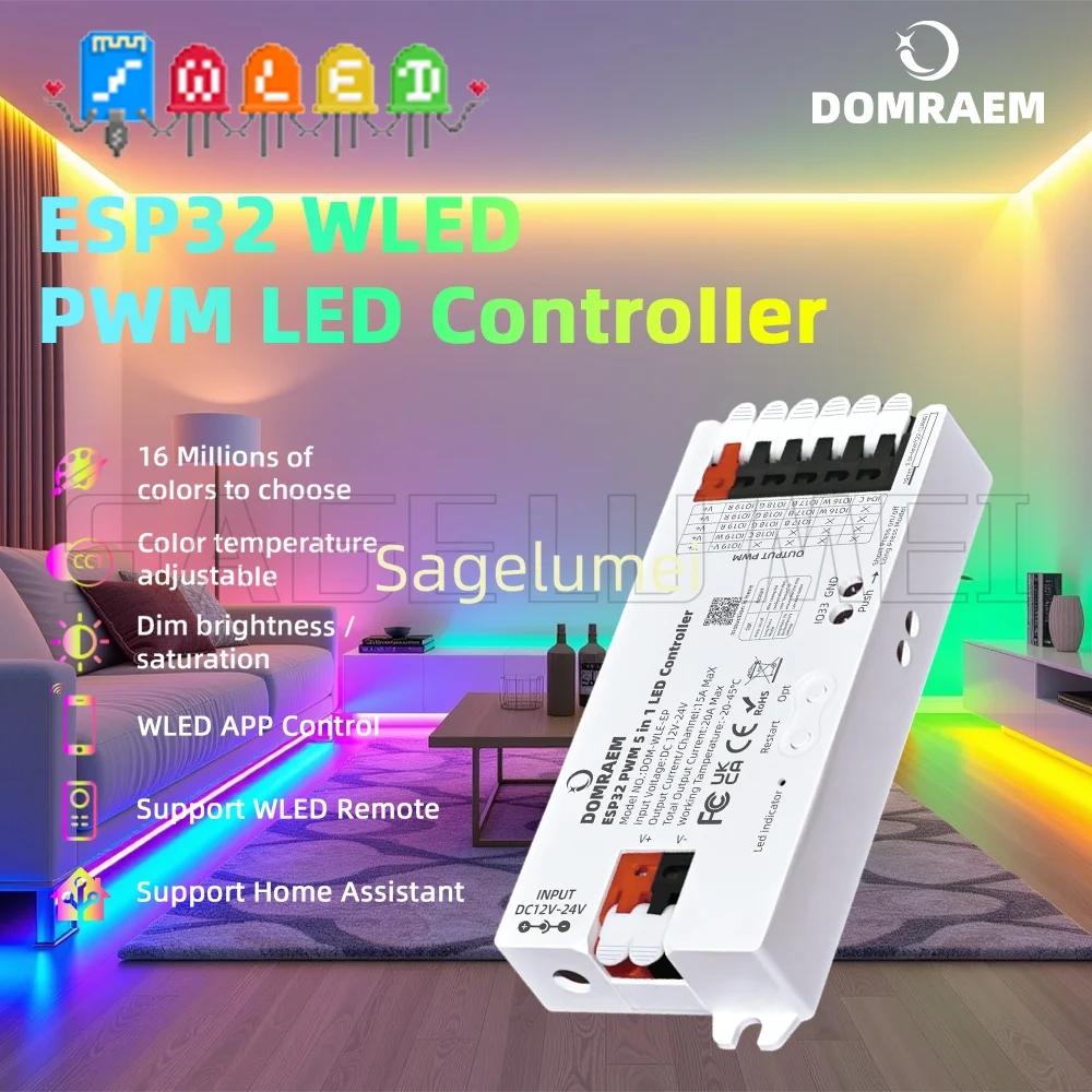 Фото Контроллер DOMRAEM ESP32 WLED с UART 5-в-1 для светодиодной ленты RGB RGBW RGBCCT работает с затемнением ШИМ Alexa Google Home Assistant №4