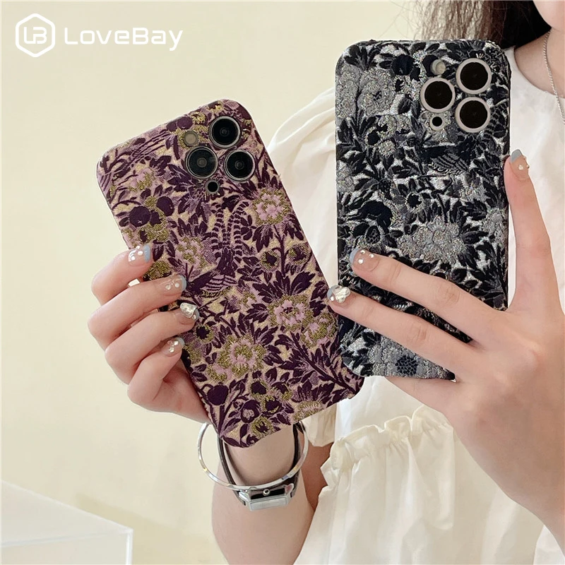 

lovebay Fashion Black and Purple Flower Fabric Pattern Phone Case for Iphone 14 Plus 13 14 11 12 Pro Max Mobile Phone Slim Cover