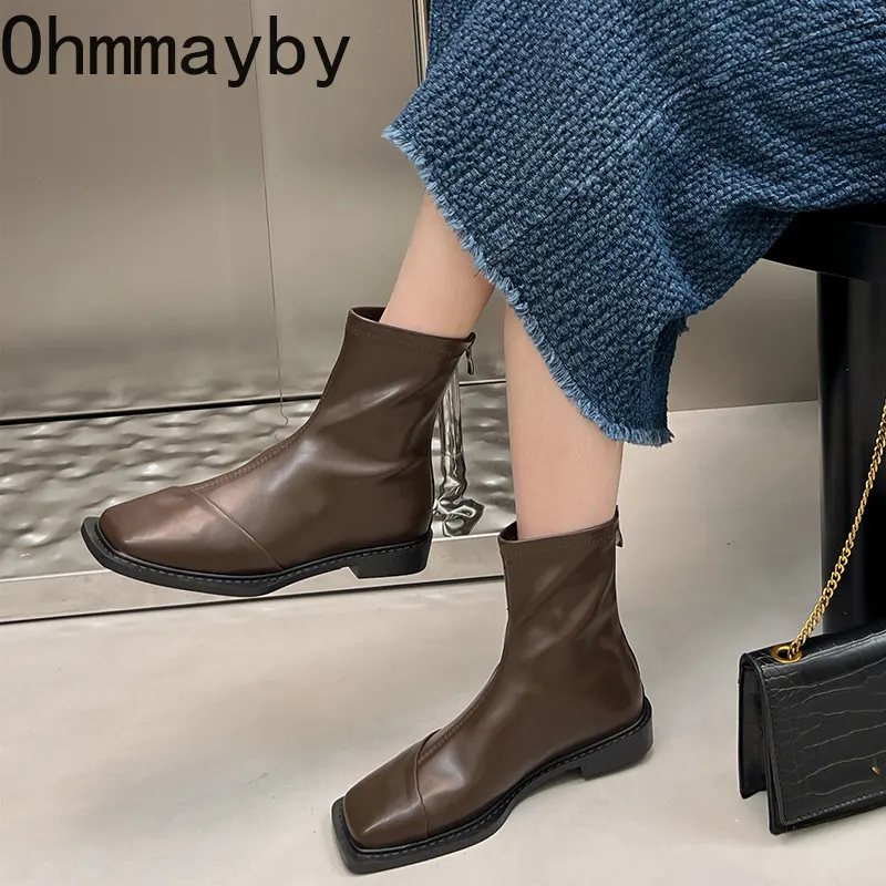 

New Chelsea Booties Winter Women Short Boots Fashion Side Zipper High Quality Leather Square Toe Ladies Elegant Flats Ankle Boot