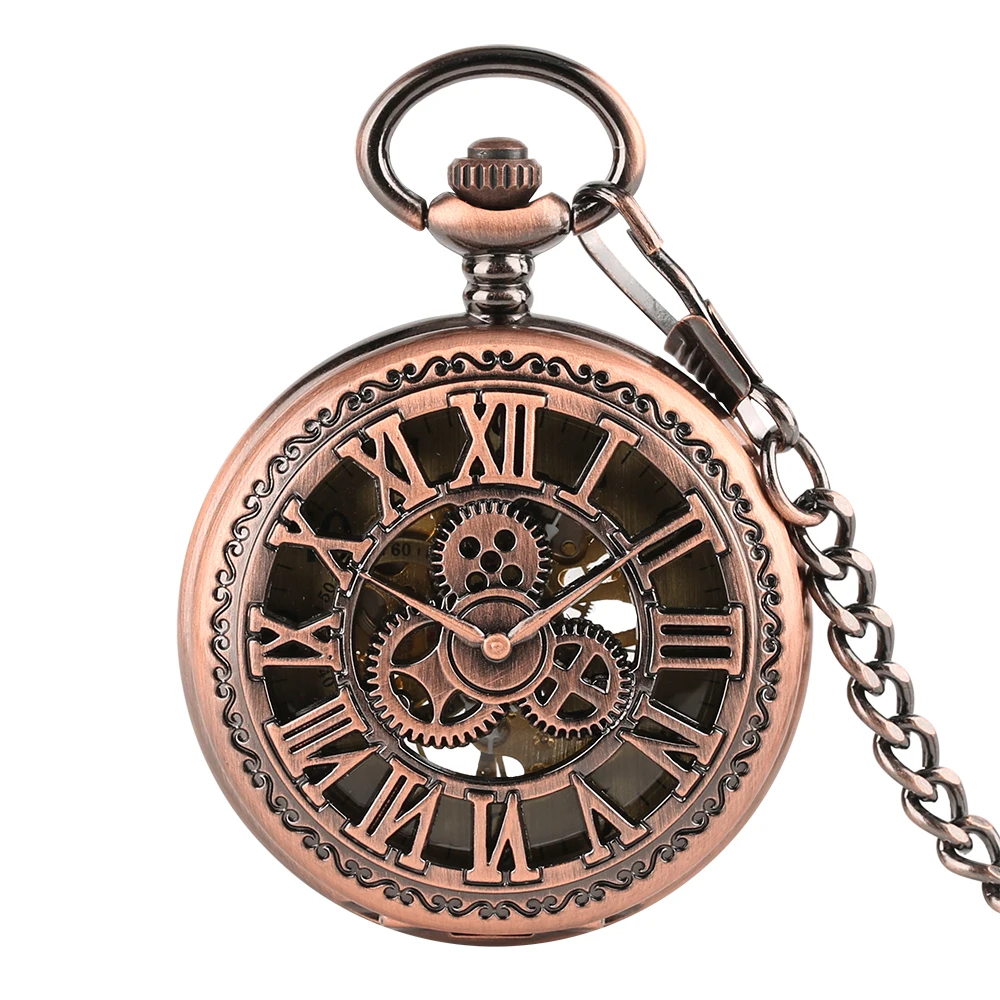Rose Gold Gearwheel Roman Numerals Skeleton Manual Mechanical Pocket Watch Fob Chain Steampunk Vintage Pocket Timepiece Male