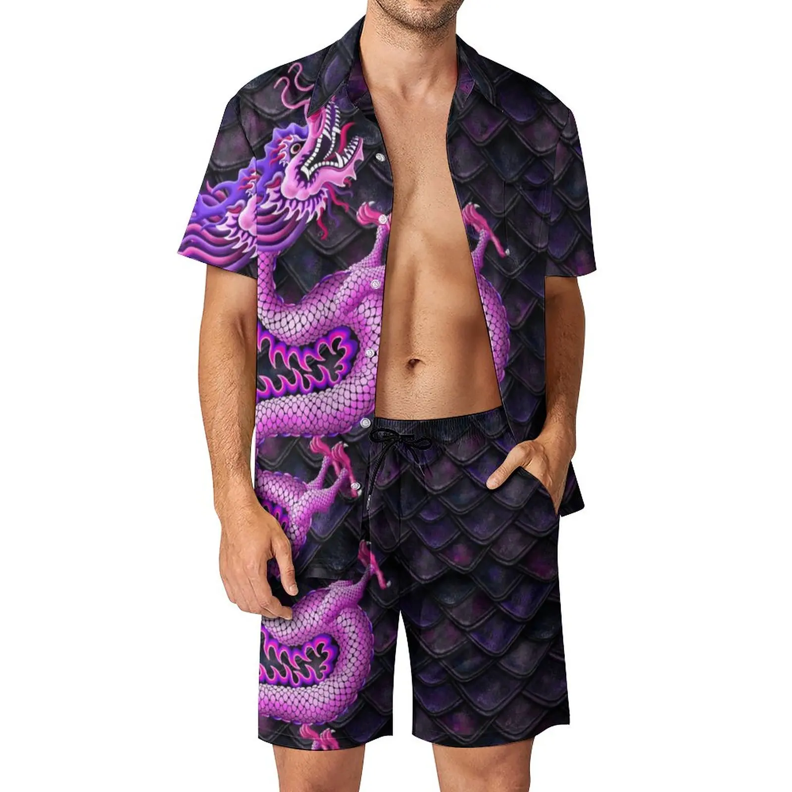 

Pink Dragon Men Sets Dragon Scales Print Casual Shorts Beach Shirt Set Summer Streetwear Suit Short Sleeves Plus Size Clothes