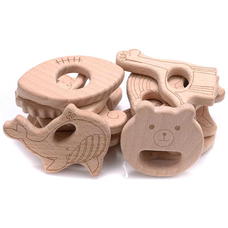 

1/2/3Pcs Baby Teether Wooden Food Grade Cartoon Animals Natural Beech Wood Teething for Baby Rodent Teether Necklace Nursing Toy