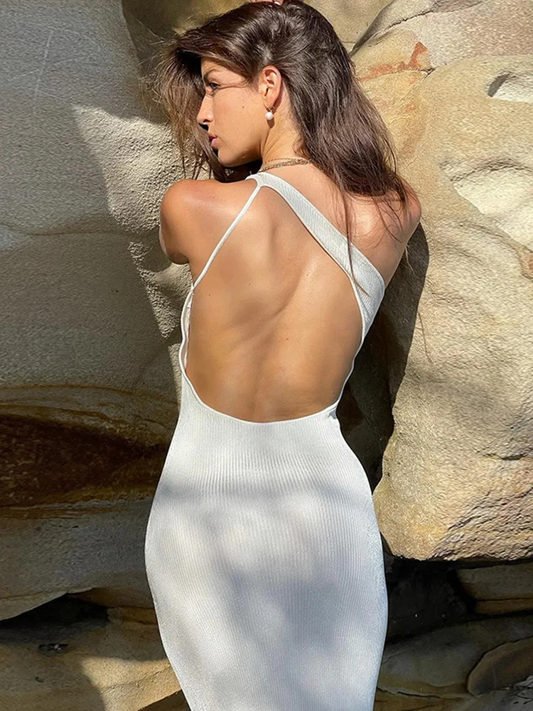 

One Shoulder Sexy Backless Knit Dress for Women 2022 Elegant Outfits Club Party Gown Slim Slit Summer Beach Dress Clothes