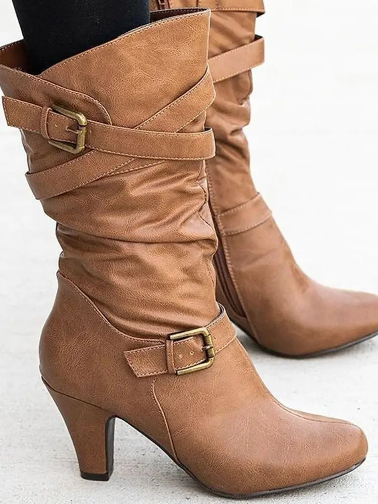 Winter Women Shoes New Fashion Winter Belt Buckle Round Toe PU Ankle-Boots Buckled Ruched Cowboy Boots 43 Size