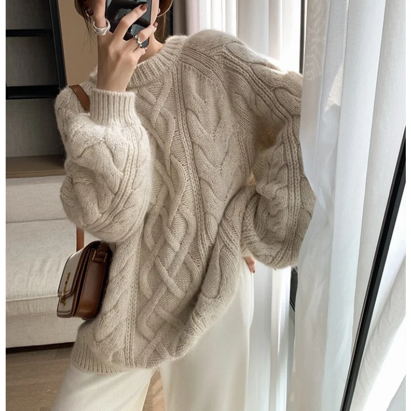 

Japanese Temperament Sweater Woman 2023 Autumn Winter New Loose Solid Color Thick Wool Twist Sweater Woman