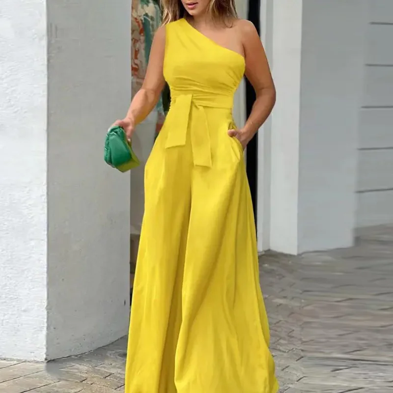 

Комбинезон женский с диагональным воротником, пикантный Повседневный бандажный ромпер с завышенной талией, с карманами, с широкими штанинами, уличная одежда, лето