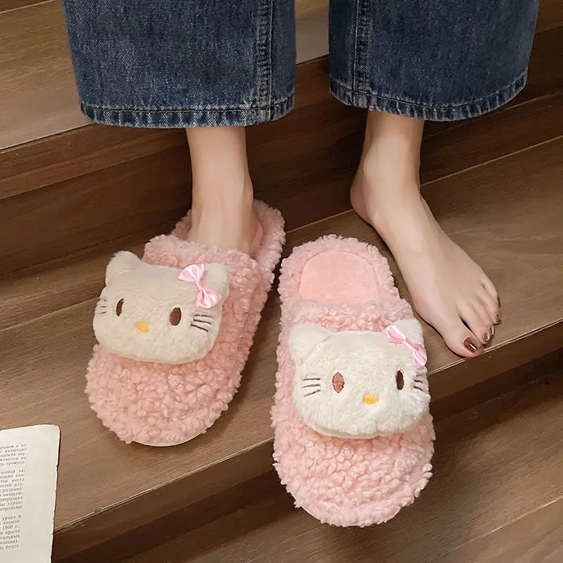 Милые плюшевые тапочки с рисунком Hello Kitty домашние хлопковые плоской подошвой Baotou