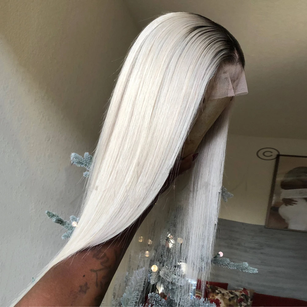 Ed Ice Platinum Blonde Dark Roots Full Lace Wigs Soft Silky Straight Lace Front Wig Hd