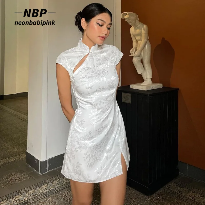 

NEONBABIPINK Vintage Jacquard Satin Slit Mini Dresses for Women 2022 Cute Sexy White Cheongsam Party Club Outfits N71-DZ14