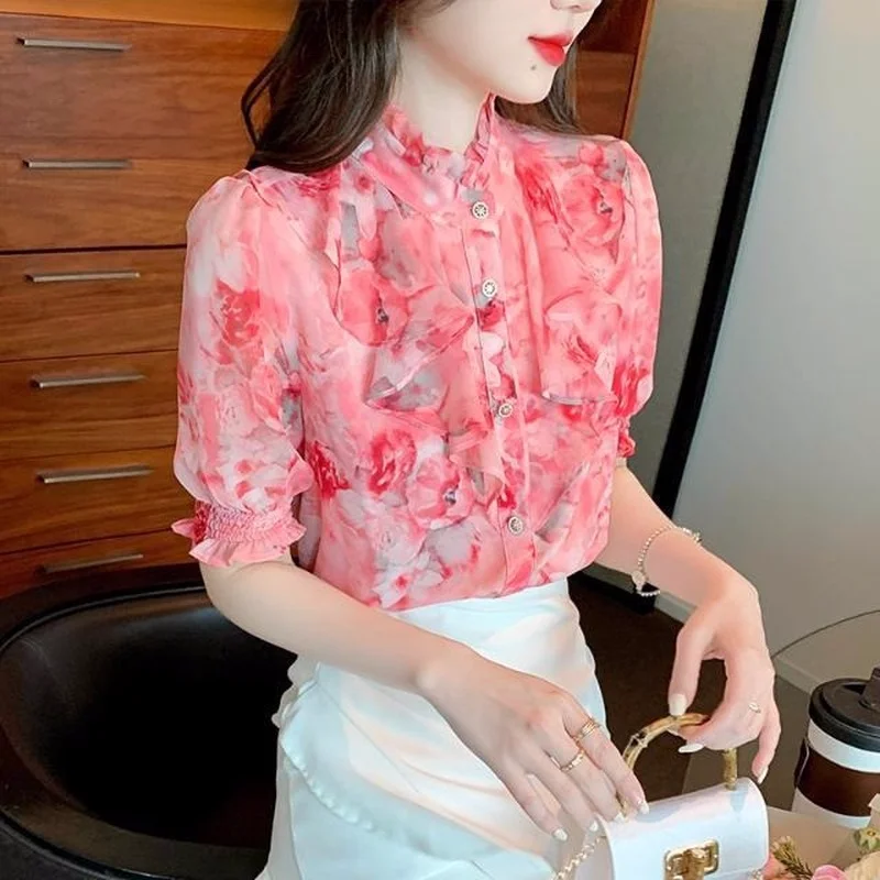 

Blouse female 2022 Summer new French chiffon printing short -sleeved shirt women's design sense niche female top fashion shirt
