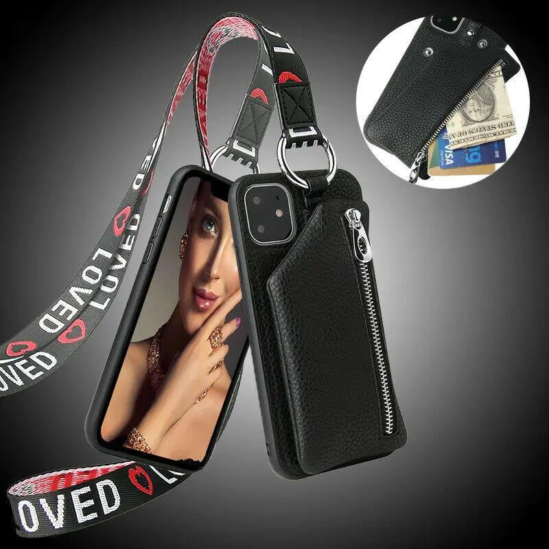 

Luxury Separable Buttons Zipper Wallet Soft Leather Case for iPhone 14 13 Pro Max 12 11 XS X XR Travel Hook Neck Strap Lanyard