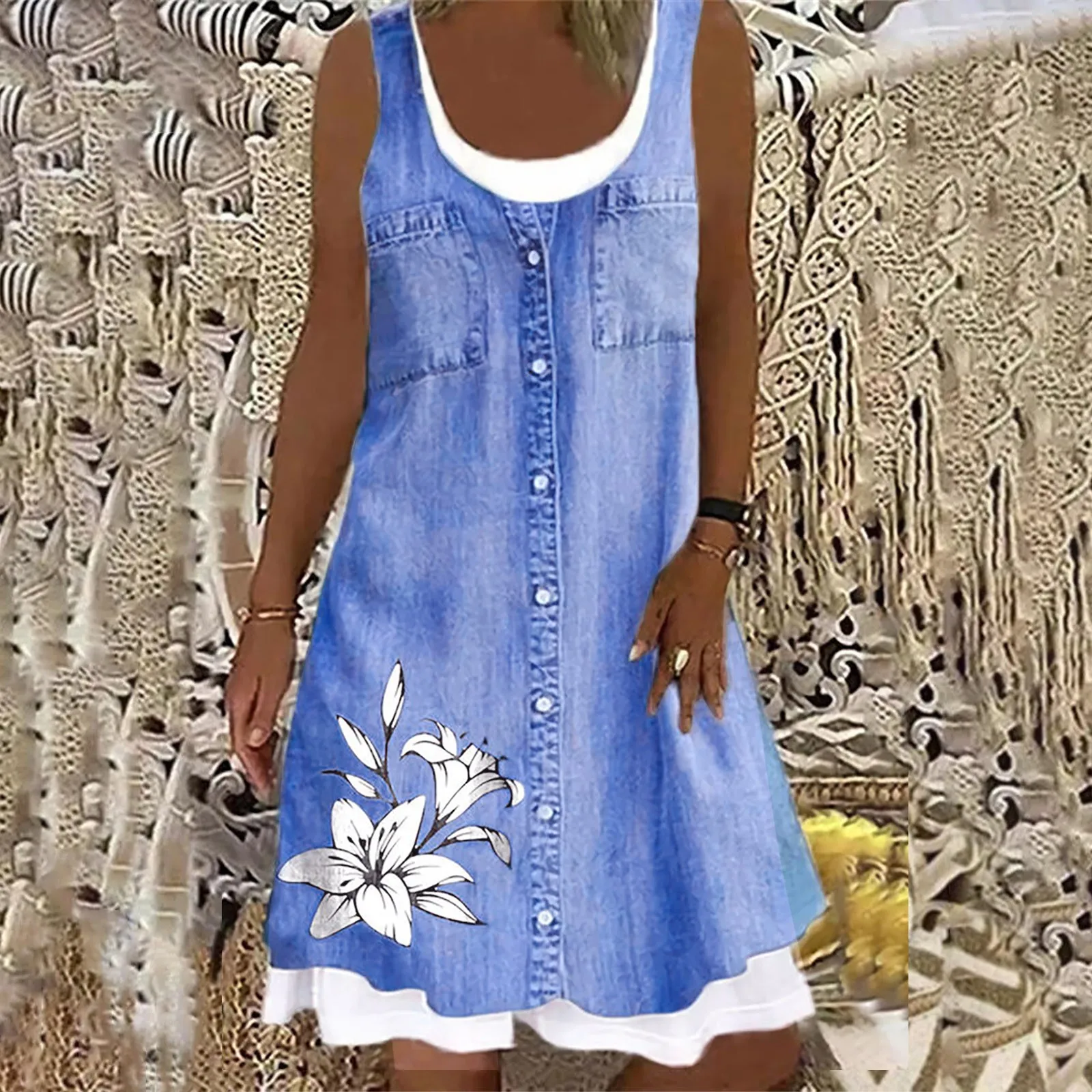 

Womens Summer Dress Sleeveless Floral Loose Denim Printed Tank Dress For Women Juniors Casual Womens Maxi Dress with Pockets