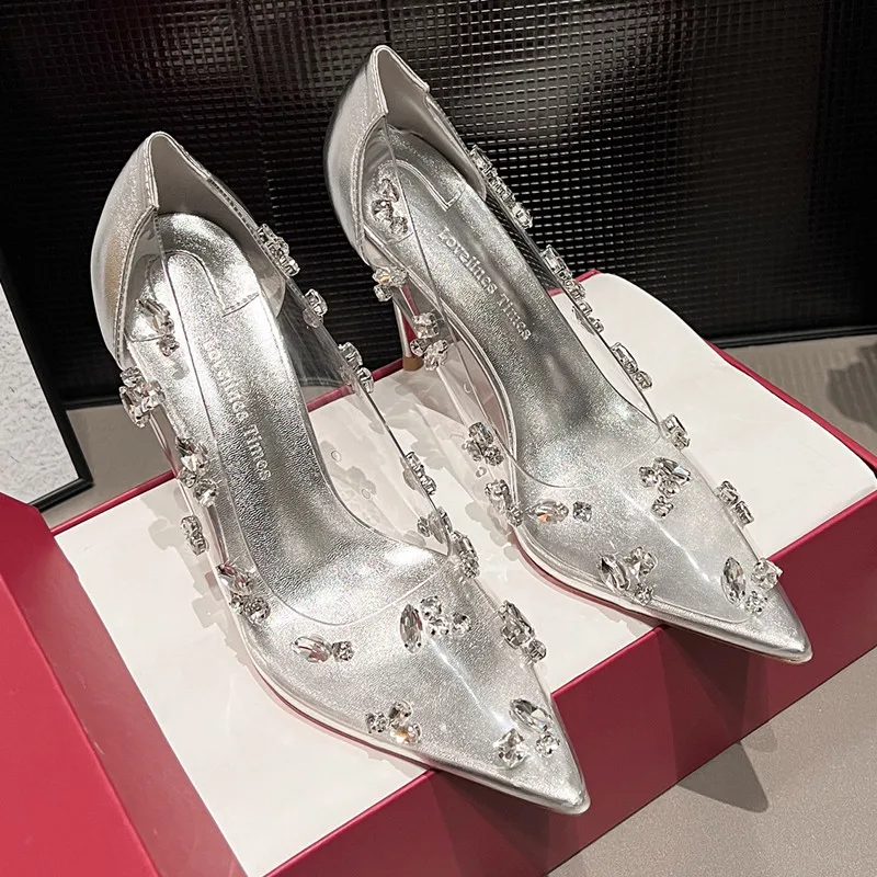 Женские туфли-лодочки на высоком каблуке серебристые прозрачном с ремешком
