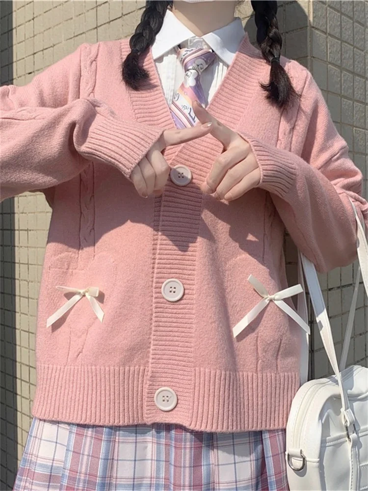 

New Autumn Winter JK Uniform College Style Fresh Knitted Jacket V-neck Cardigan Sweater Japanese Loose Soft Girl Knitted Female