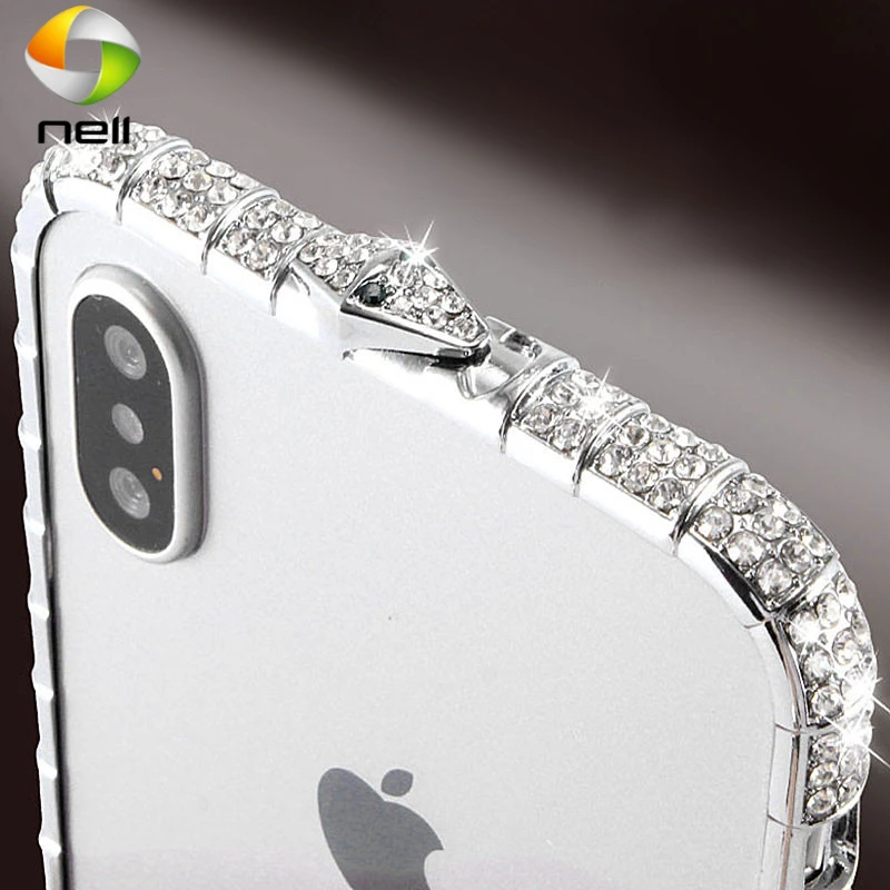 

Чехол для iPhone 13 11 Pro Max, Блестящий Алмазный Змеиный бампер со стразами для iPhone 12 8 7 Plus XS XR, чехол с металлической рамкой с блестками
