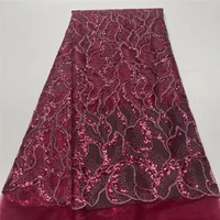 wine red african net lace fabric with sequins 2022 high quality french tulle lace nigeria guipure material for wedding dress 553