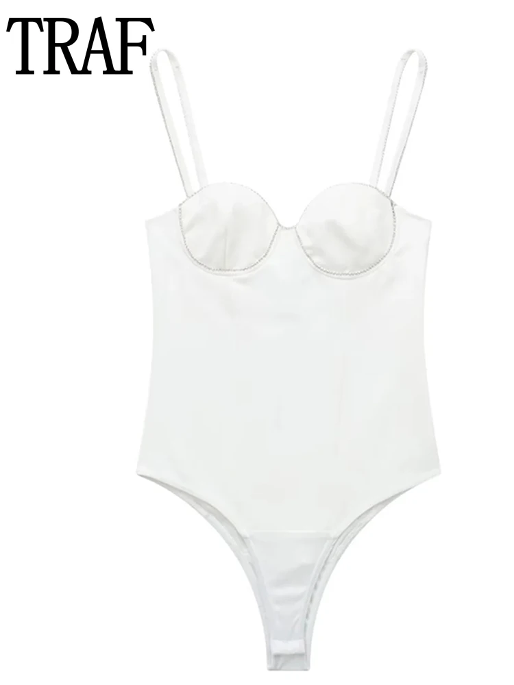 

Сексуальное Женское боди TRAF, белое боди, нижнее белье с открытыми плечами, боди стразы, женская уличная одежда, Женское боди