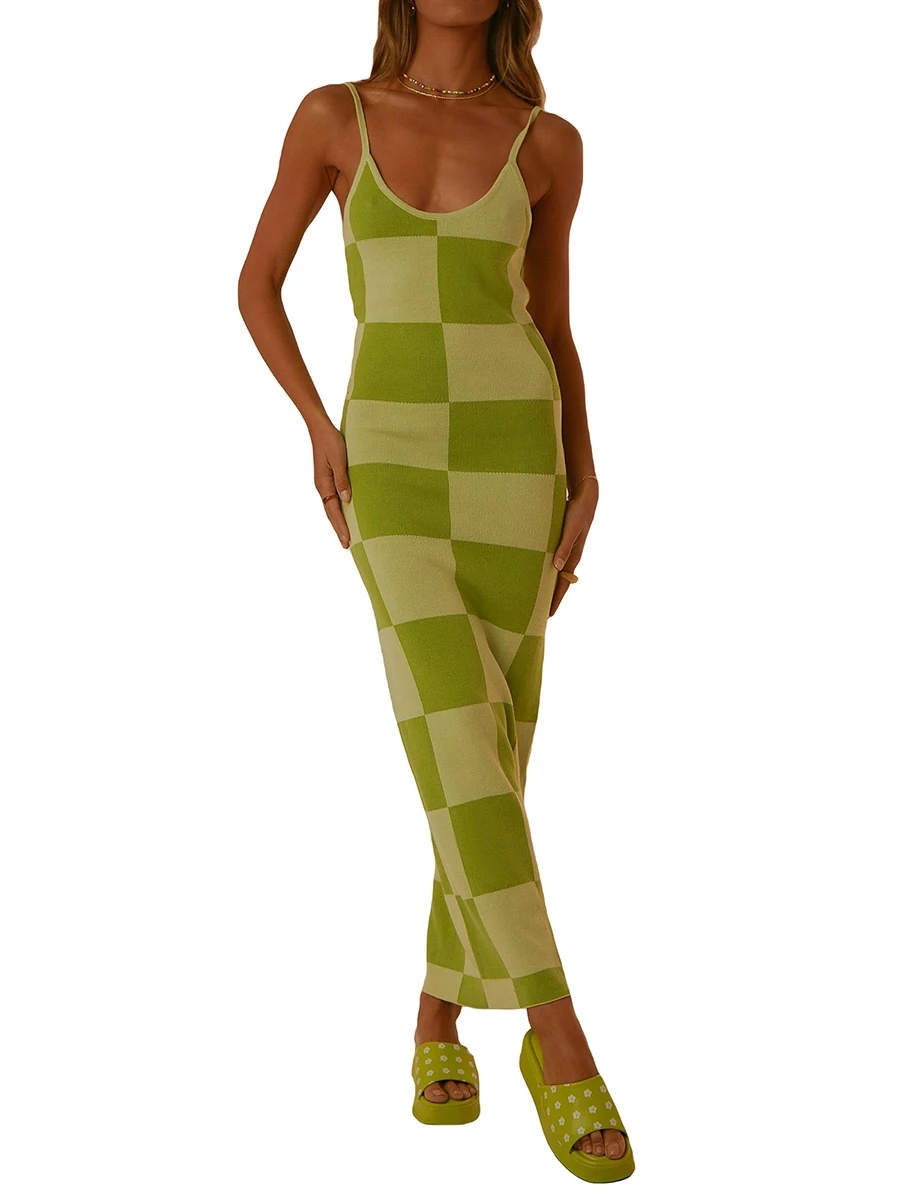 

Female Slip Bodycon Dress Checkerboard Print Sleeveless Spaghetti Strap Low-Cut Backless for Summer S M L