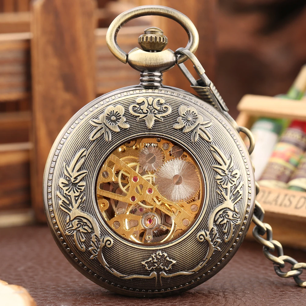 Manual Mechanical Pocket Watch Punk Bronze Gear Skeleton Luxury Vintage Antique Hand Winding Pocket Timepiece Men Gifts