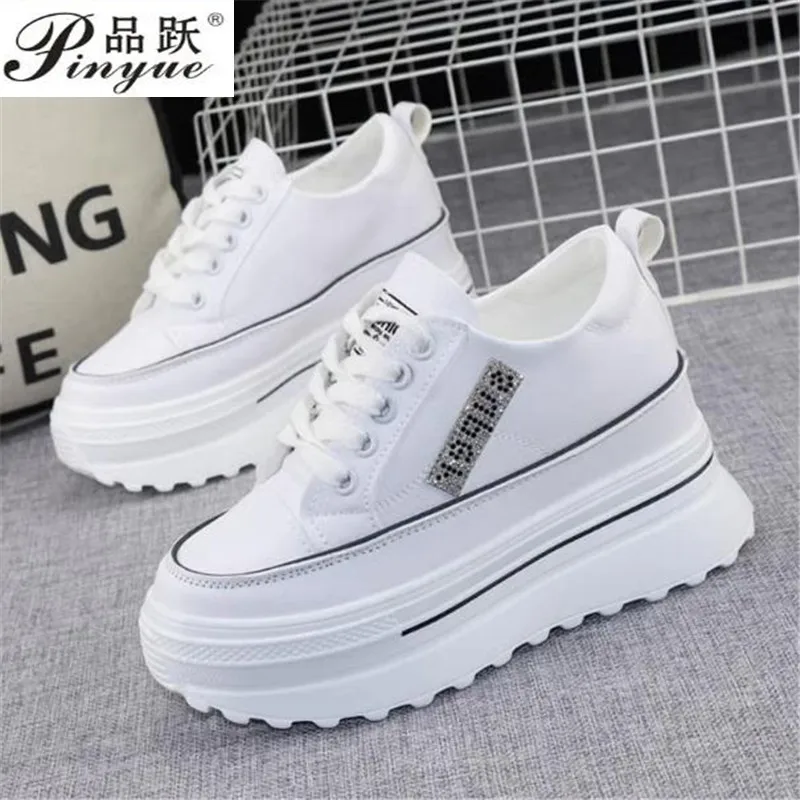 

Stylish rhinestone Hidden Heels Women Platform Wedge Sneakers Ladies Leather White BLACK Shoes Female Tenis Feminino Casual 40