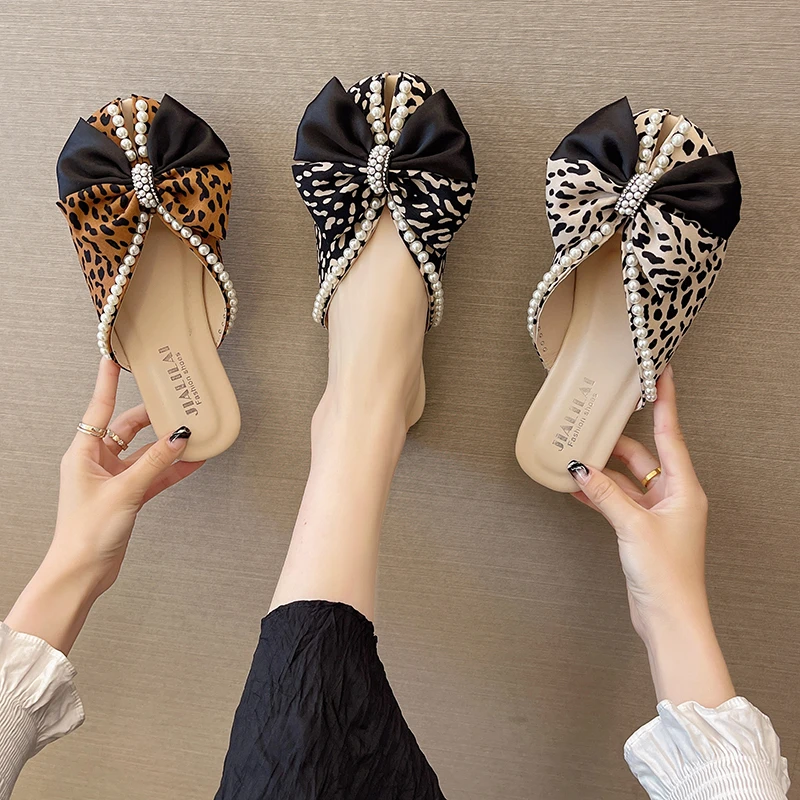 

Butterfly-Knot Mules For Women 2022 Female Shoes String Bead Ladies' Slippers Luxury Slides Low Shallow Cover Toe New Designer