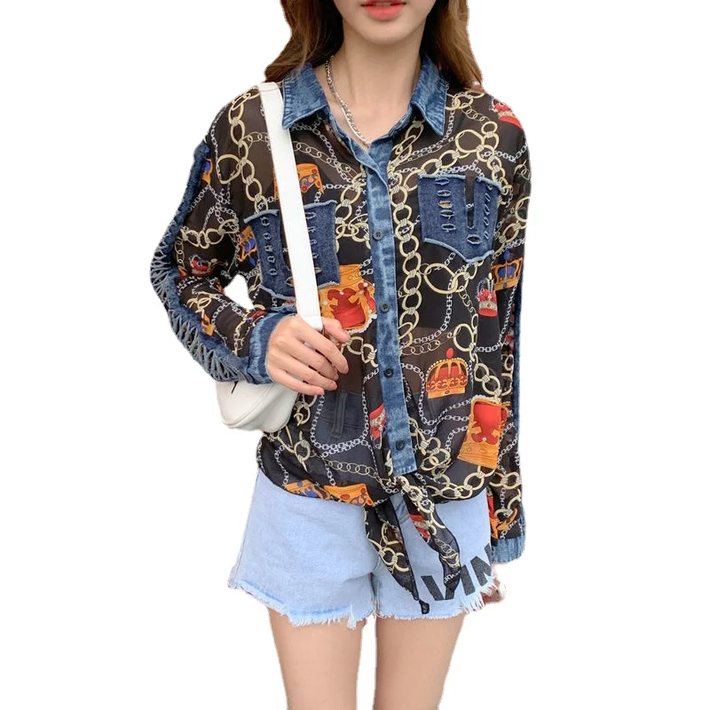 Шикарные женские шифоновые джинсовые рубашки в стиле пэчворк топы с дырками и