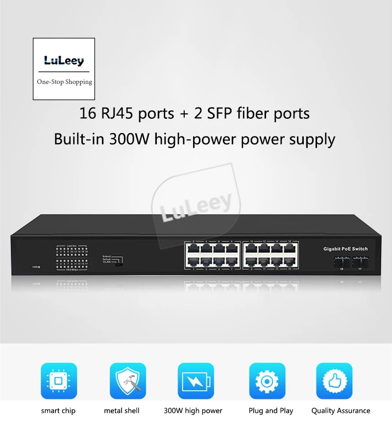 Гигабитный 16 POE коммутатор 2 оптических порта SFP 1000 Мбит/с 48 В высокая мощность 300