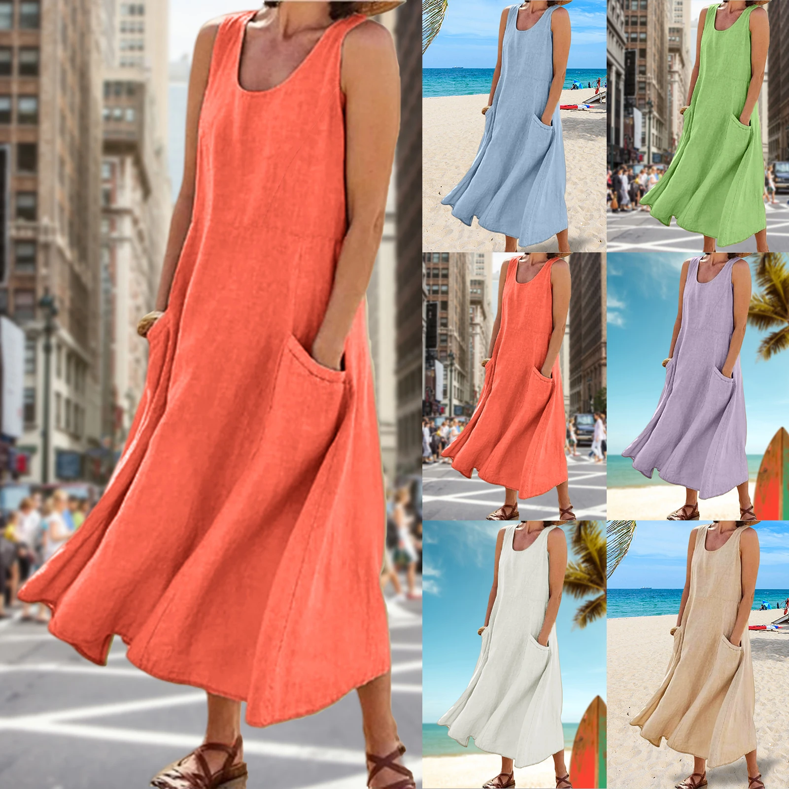 

Летний сарафан без рукавов, свободные платья с круглым вырезом и карманами, Европейская мода, повседневный Воздухопроницаемый хлопковый льняной сарафан для выходных и отпуска