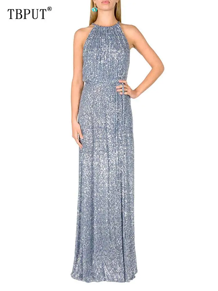 

Elegant Sequins Bodycon Dress For Women Sexy Chic Sleeveless Neck-mounted High Split Robes 2023 Ladies Evening Party Dresses