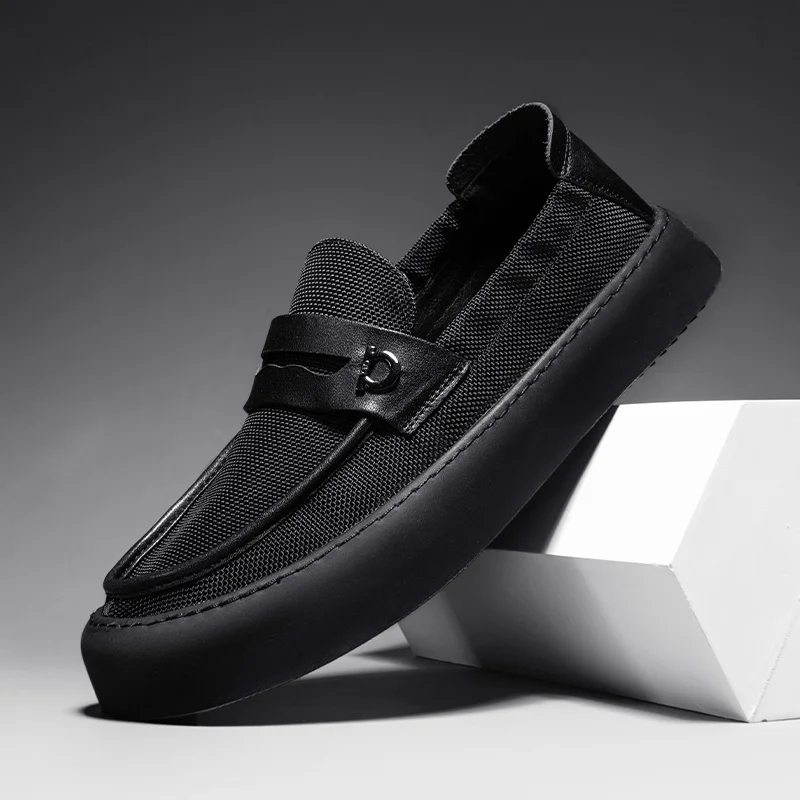 

Men's thick-soled lazy shoes breathable thick-soled casual bean shoes in summer Black thin solid color one pedal canvas shoes