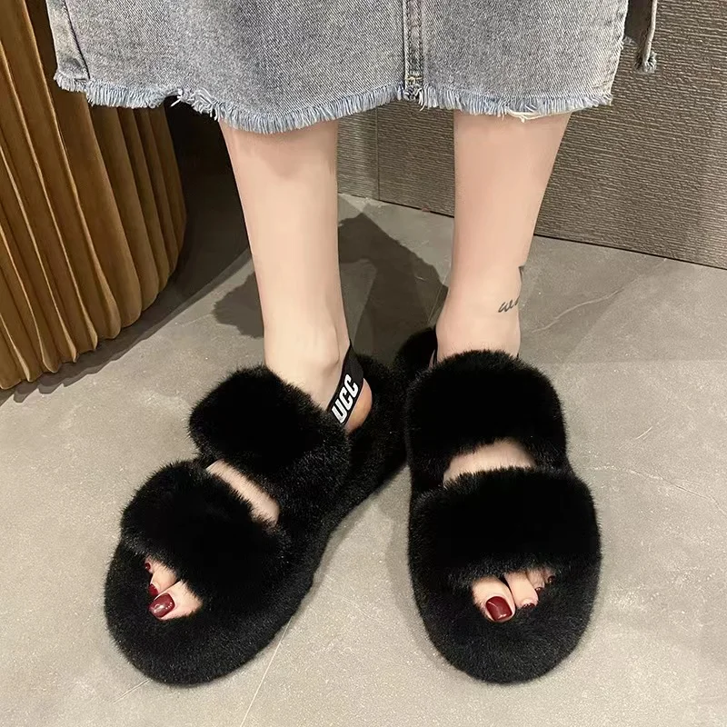 Warm Fluffy Home Slippers Women 2023 New Winter Fur Slippers For Women Flat Platform Cozy Fuzzy House Indoor Shoes Korean Slides