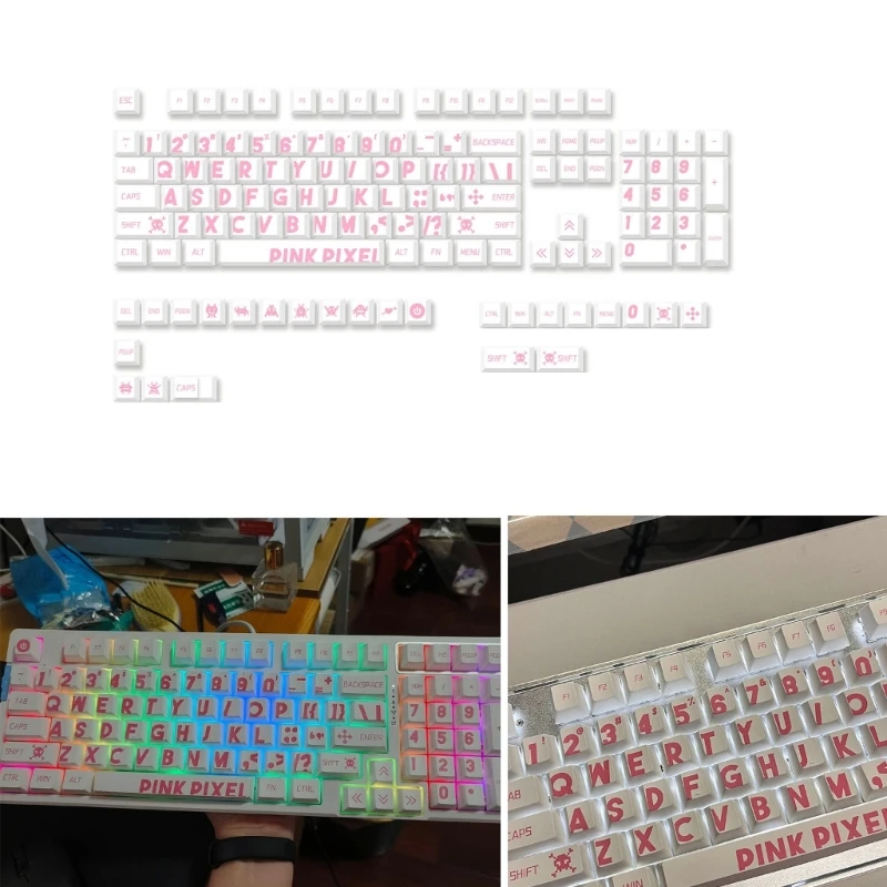 

Game Keyboard Keycaps ThermalSublimation PBT Large Characters Keycaps White with Pink Letters Keypad for 129Keys Drop Shipping