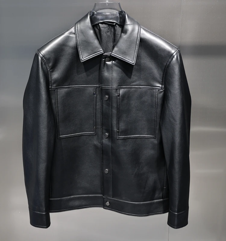 

2023 Autumn Fashion Casual Simple Ecological Leather Three-Dimensional Cut Slim Lapel Breasted Black Pu Leather Coat