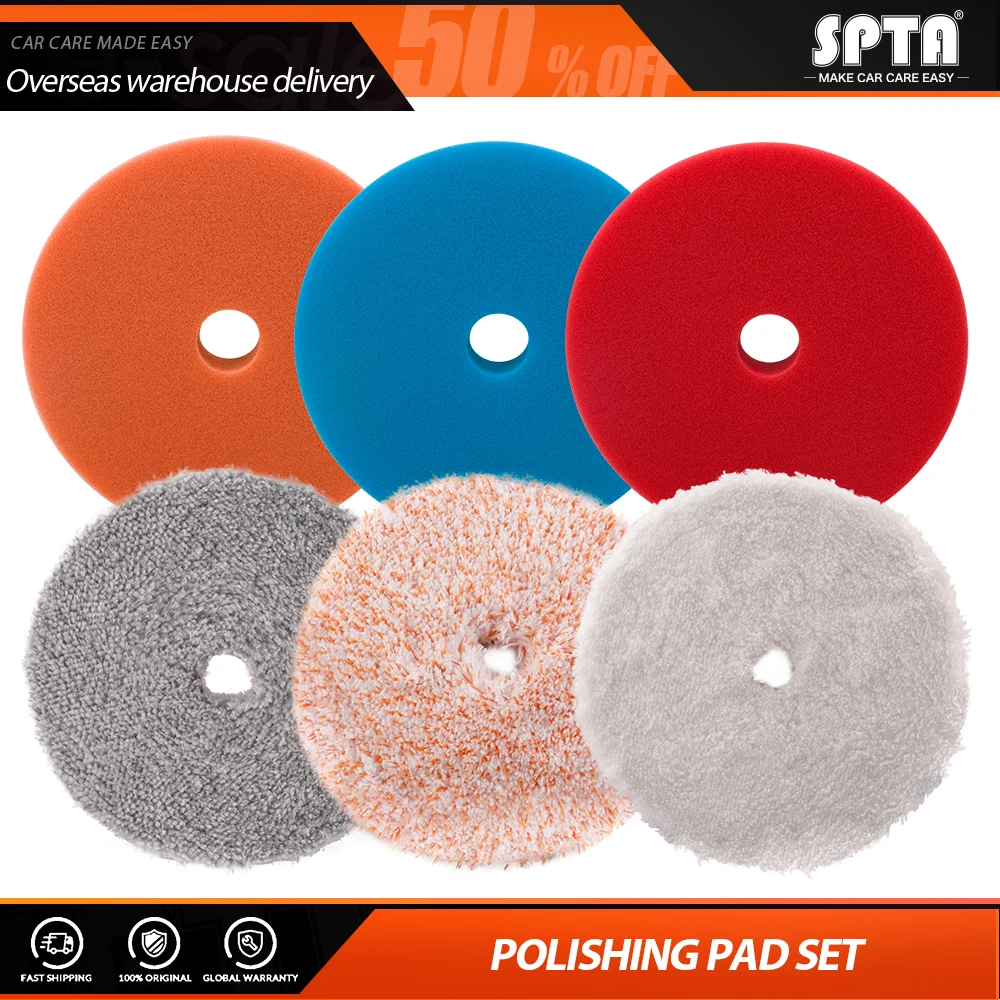 SPTA 6Pcs Car Polish 3/5/6 Inch Microfiber Polishing Pad Sea