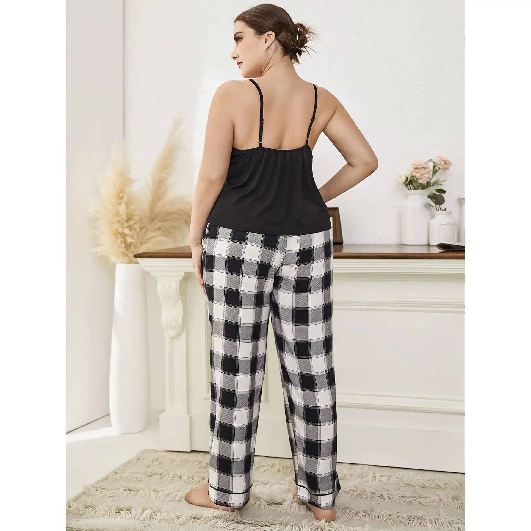 Summer V-Neck Sleepwear Suit Flounce Pullover Back T-shirt Top With Black White Plaid Female Pants Homewear Casual Wear 4XL
