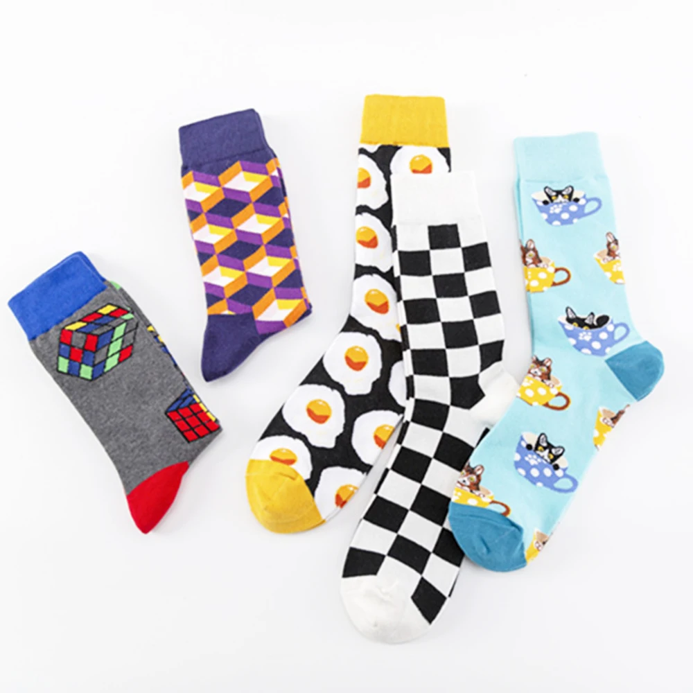 10Pairs Color Fashion Sock Cat Diamond Lattice Stripe Pattern Cotton Creative Stylish Skateboard Sport Mid Tube Socks Women&Men