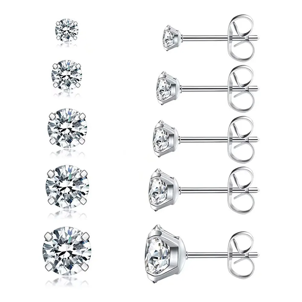 

5 Pairs Stud Earrings Set 3-8mm Rose Gold Silver Hypoallergenic Women Cubic Zirconia 316L Stainless Steel CZ Earring Wholesale