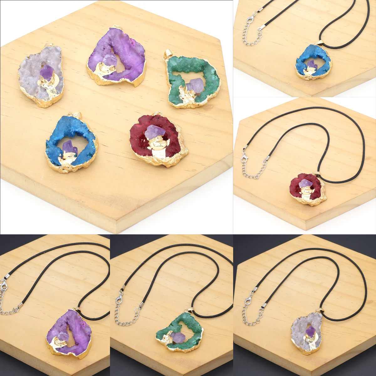 

Reiki Healing Irregular Colorful Crystal Duzy Plating Gold Edge Pendant Necklace Charm Jewelry Accessories Gift 30x40-35x45mm