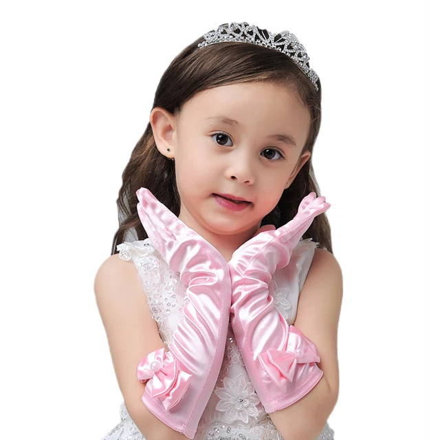 Girls Princess Long Gloves Kids Bow Satin Sequins Cosplay Dance Performance Mitten for Kids Party Wedding Birthday Coronation 4