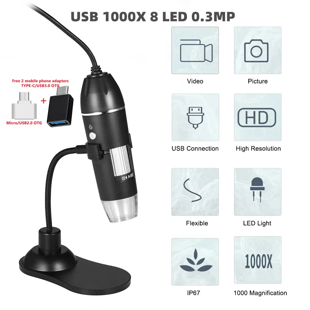 

A8 USB Digital Microscope 1000X 8 LED 0.3MP MElectronic Microscope Endoscope Zoom Camera Magnifier+Stand for Windows/Mac System