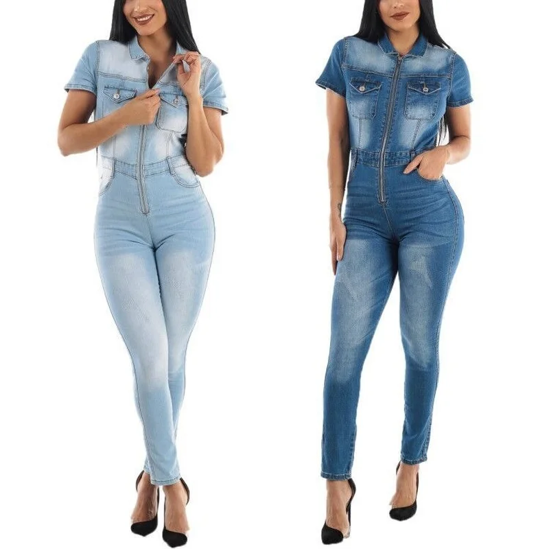

Summer 2022 Women Denim Jumpsuit Sexy Front Zipper Lapel Short Sleeve Bodycon Romper Lady Fashion Slim Fit Pencil Jeans Jumpsuit